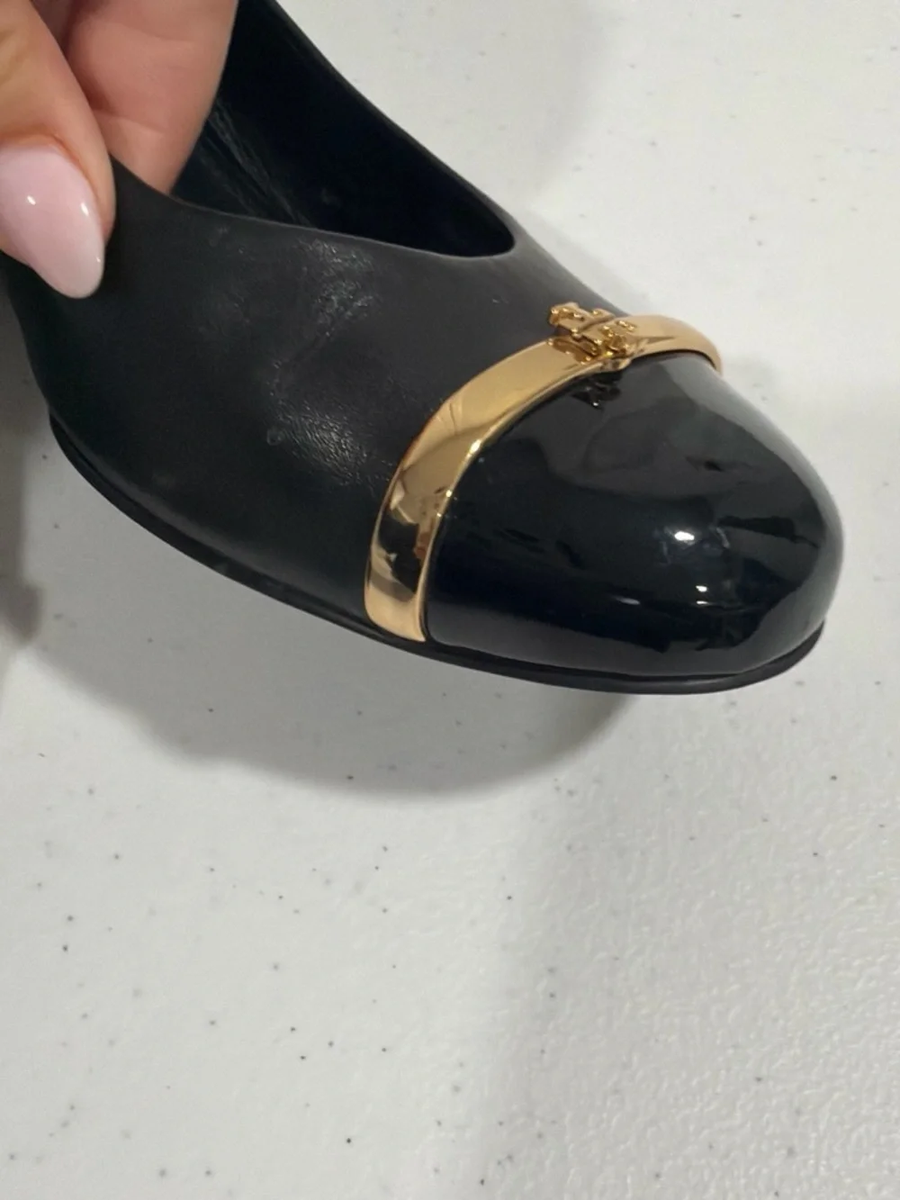 Tory Burch Black Leather Wedge Pumps with Gold Toe Bar - Picture 6 of 7